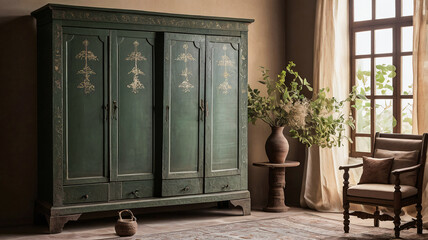 Beautiful antique olive-colored wardrobe in an Indian-style bedroom. Positioned near a large sunlit window, the room features an indoor plant, a wooden chair, and a patterned carpet on the floor.