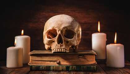 Skull Surrounded by Antique Books and Candles