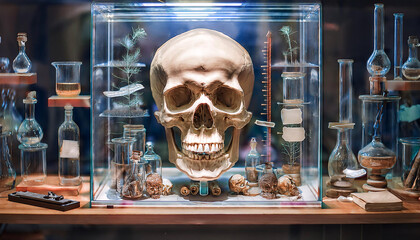 Skull in a Glass Display Case with Scientific Instruments