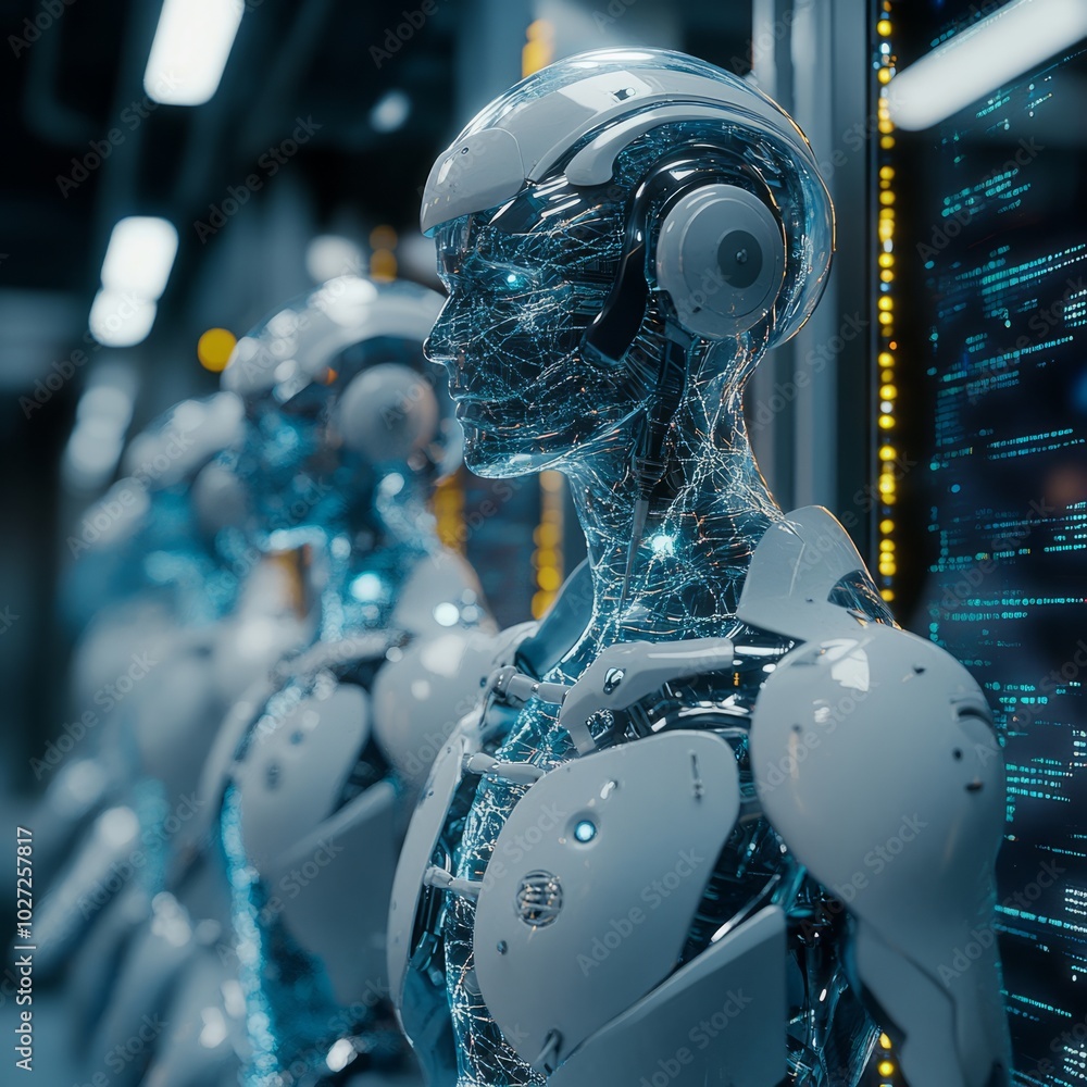 Wall mural Row of humanoid robots in a futuristic data center.