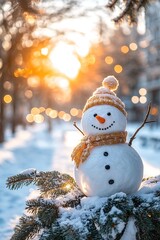Obraz premium Snowman in winter clothes on park background