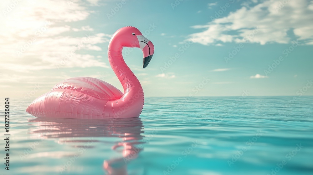 Poster A pink inflatable flamingo is floating in the ocean