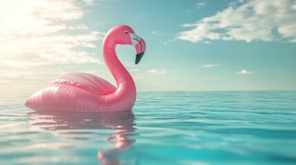 Naklejka premium A pink inflatable flamingo is floating in the ocean