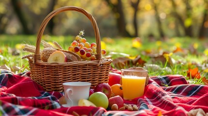 Picnic basket food bread fresh fruit coffee cup orange juice in wood wicker box on red blanket wheat bakery fruit food and drinks in green park outdoor lifestyle breakfast healthy appetizer box