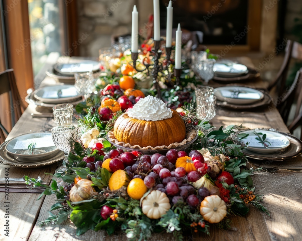 Wall mural Rustic Thanksgiving table setting with pumpkin pie, fruit, and greenery.