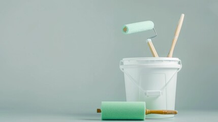 paint tools, painting bucket, paint rollers, home improvement, DIY projects, mint green color, minimalist design, interior decoration, soft background hues