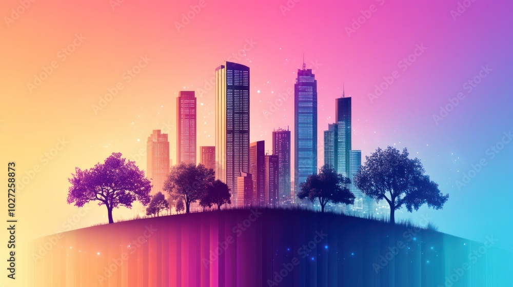 Poster cityscape with silhouetted trees on a hilltop against a colorful gradient sky