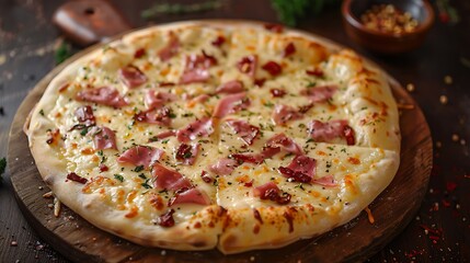 Pizza mortadella with cheese and sun dried tomatoes on wooden background