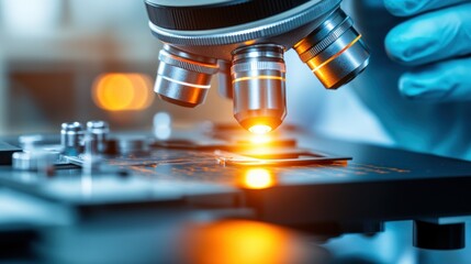 A Close-Up of a Microscope Lens Illuminating a Slide