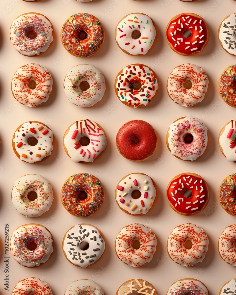 Poster a vibrant 3d pattern of tiny colorful donuts with playful icing and sprinkles