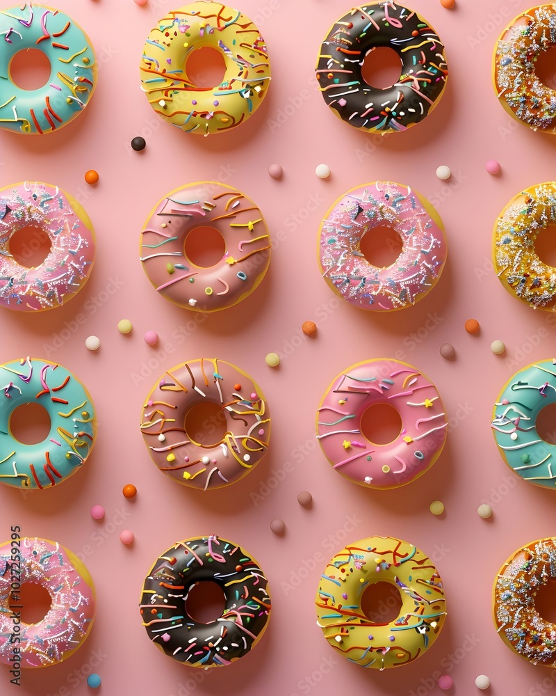 Poster vibrant 3d pattern of colorful miniature donuts with sprinkles and icing arranged in a playful grid