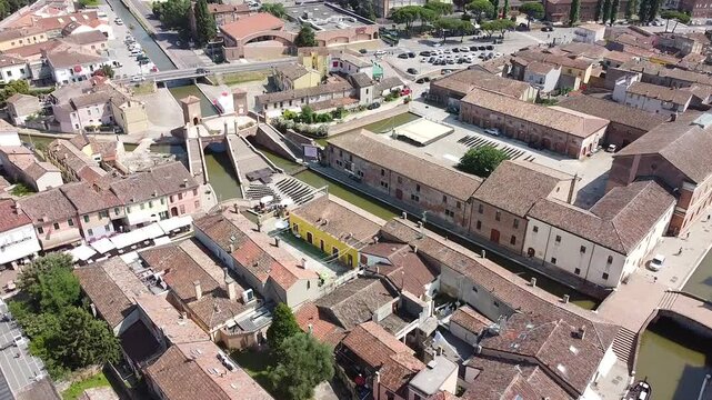 View over the Trepponti Bridge, iconic landmark in Comacchio, Italy