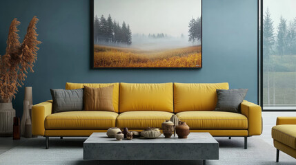 Scandinavian Chic: Yellow Sofa and Artistic Touches in a Modern Living Room with Foggy Forest Panorama