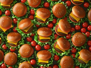 Mouth watering 3D Mini Cheeseburger Pattern Background with Layers of Cheese Lettuce and Tomatoes