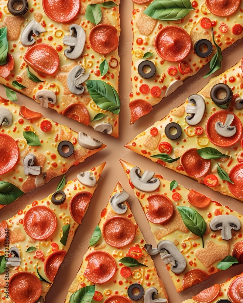 Poster delectable 3d pizza slice pattern with vibrant toppings in seamless grid arrangement