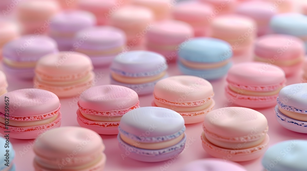 Poster elegant pastel hued macarons arranged in a neat repeating 3d pattern symbolizing sweetness and sophi