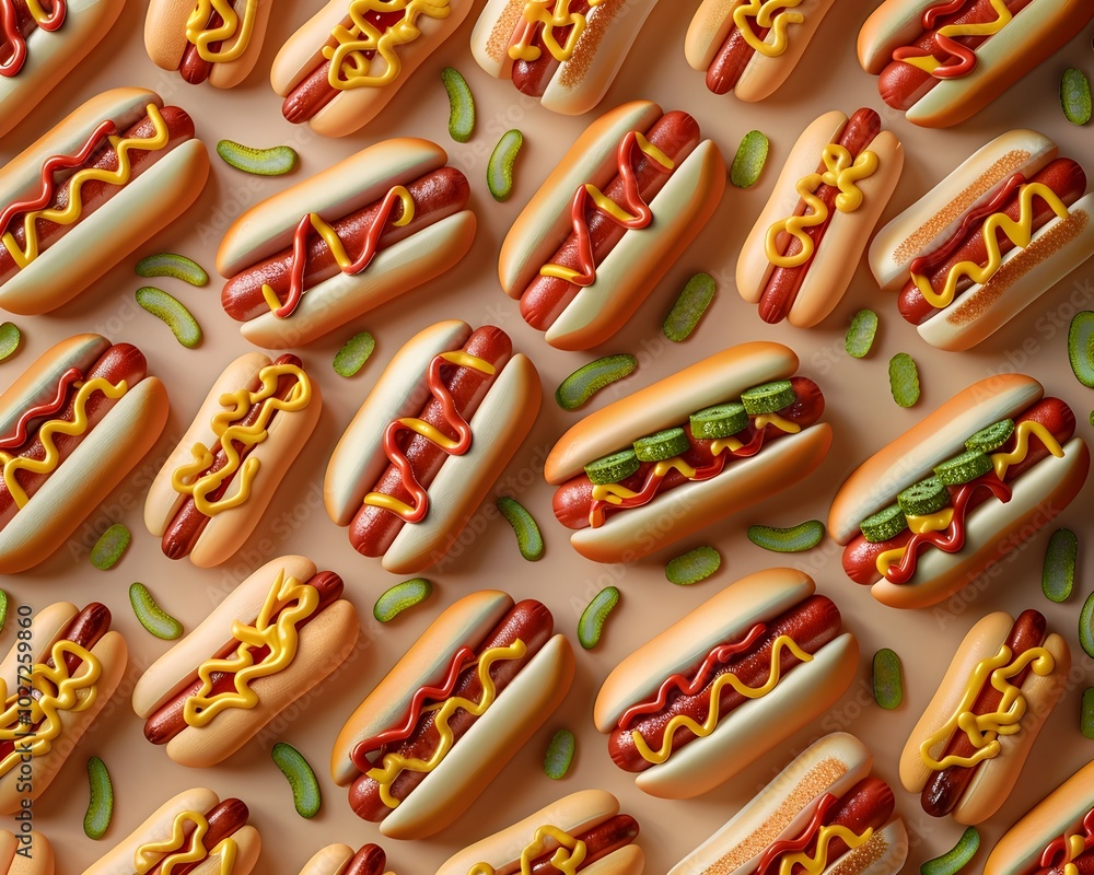 Poster playful 3d hot dog grid pattern background with condiments