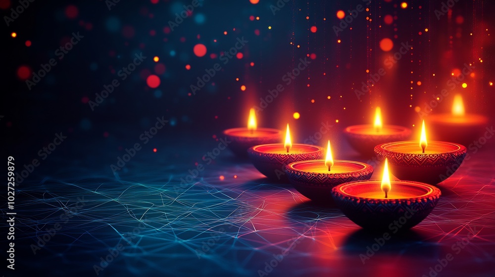 Poster modern diwali banner design showcasing geometric pattern of colorful lanterns and diyas on a dark ba