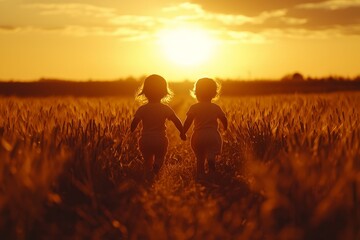 Two young children hold hands as they walk through a field of wheat at sunset.