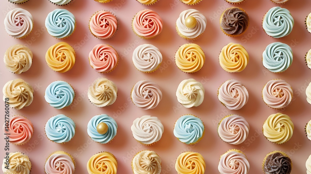 Poster vibrant grid of colorful mini cupcakes with swirled frosting and festive toppings symbolizing and in