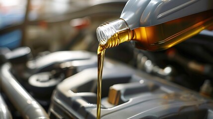 Pouring motor oil for motor vehicles from a gray bottle into the engine oil change auto repair shop service