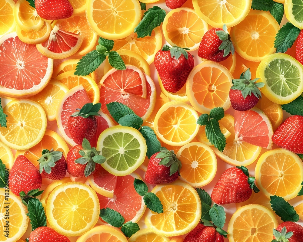 Poster Miniature Fruit Slices in Vibrant Refreshing Pattern with Copyspace
