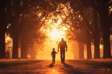 Fototapeta premium Father and son walk hand-in-hand toward the sunset.