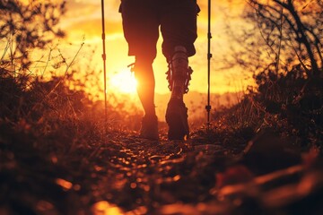 Silhouette of a man hiking at sunset.