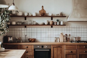 Modern kitchen with wooden cabinets and open shelves.