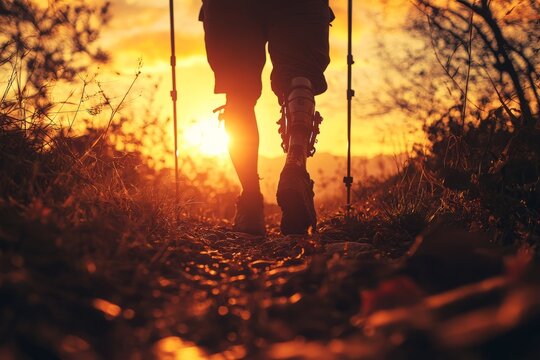 Silhouette of a man hiking at sunset.