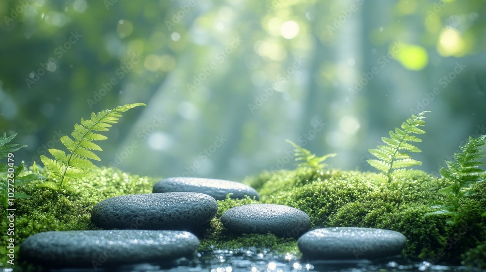 Poster smooth stones resting on lush moss in a forest setting