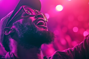 Fototapeta premium A young man sings with passion under colorful stage lights.