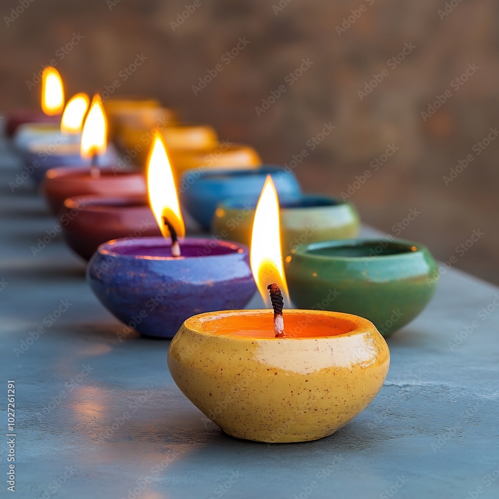 Poster multiple colorful clay diyas lined up a row lit with bright flames creating a serene atmosphere on a