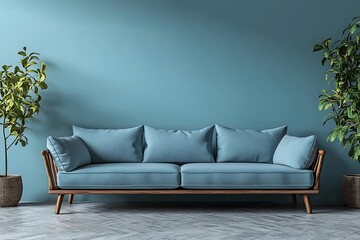 Modern blue sofa against a teal wall with plants.