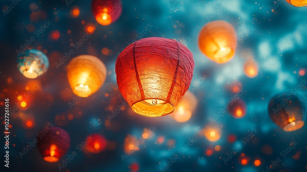 Poster multiple colorful indian paper lanterns floating the evening sky casting a gentle glow on a minimali