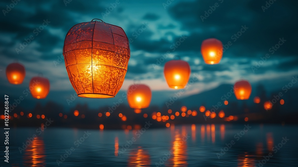 Poster multiple colorful indian paper lanterns floating the evening sky casting a gentle glow on a minimali