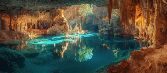 A view of a natural pool inside a cave with stalactites hanging from the ceiling. The water is clear and blue and the rocks are brown.
