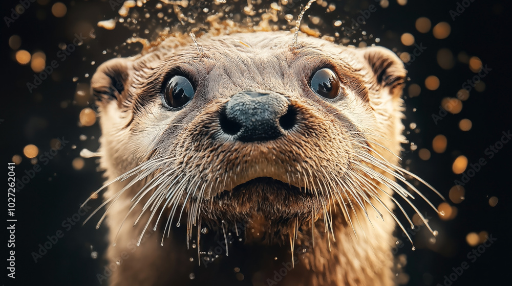 Wall mural close-up of curious otter with wet fur and whiskers, surrounded by water droplets against a blurred 