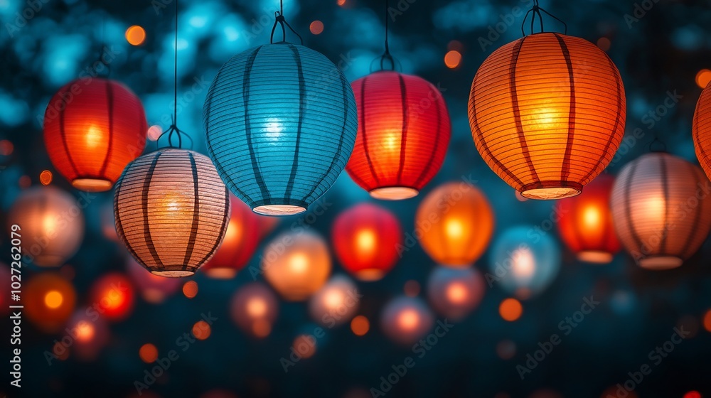 Poster Multiple colorful Indian paper lanterns floating the evening sky casting a gentle glow on a minimalistic festive background The lanterns form a beautiful Diwali banner design rich in colors