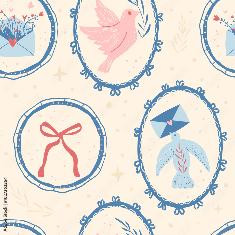 Poster homing pigeons seamless pattern. carrier pigeon, bow and envelope in frames endless background. surf