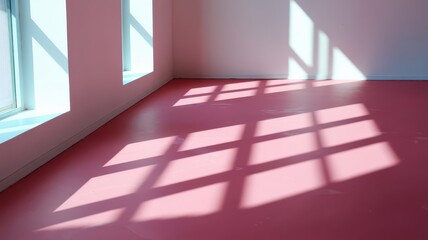 Obraz premium pink floor of white room with sunglight background, daylight of sun in room background wallpaper, pink floor background wallpaper for mockup banner design