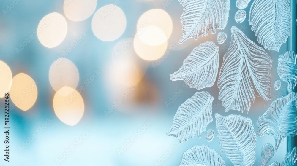 Aufkleber frosted leaves on a window with a soft bokeh background create a serene winter scene, ai