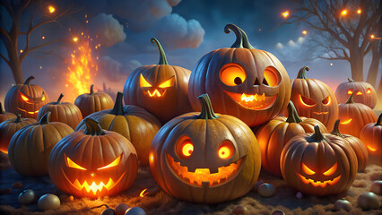 Fototapeta premium Seamless backgrounds: jack-o'-lanterns in various expressions