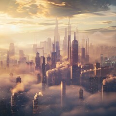 A futuristic cityscape emerges from the mist, with sleek skyscrapers reaching toward a golden sunrise, enveloped in ethereal clouds.