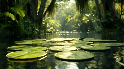 Fototapeta premium Enchanting Oasis: Tranquil Lily Pads in a Lush Rainforest