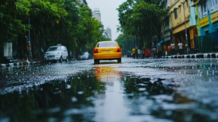 Rainy City Street with Yellow Taxi Cab