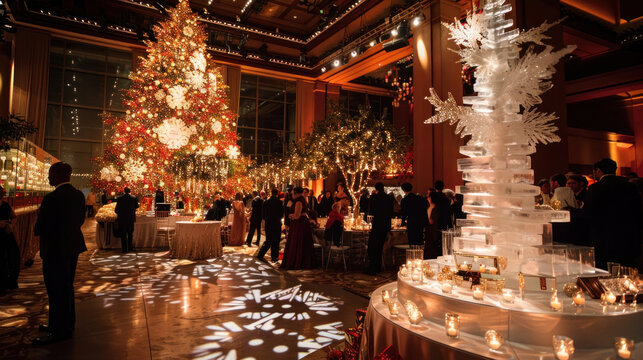 A corporate Christmas party with sleek decor, ice sculptures, and formal attire, held in a luxurious venue with a glowing Christmas tree