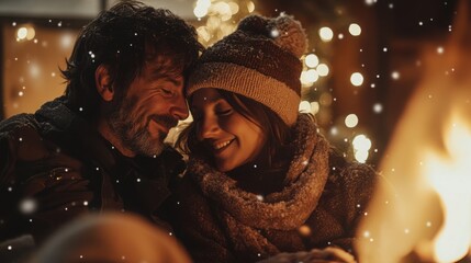 Parents sitting close together, their faces lit by the warm glow of the fire as snow falls gently around them.
