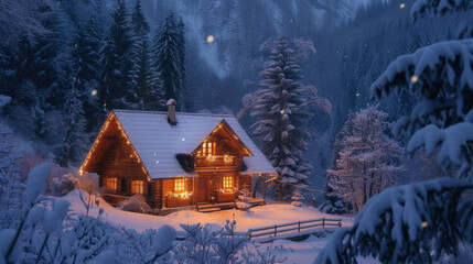 Fototapeta premium A cozy cabin in the snowy mountains, perfect for a Christmas getaway, with twinkling lights and a roaring fire inside
