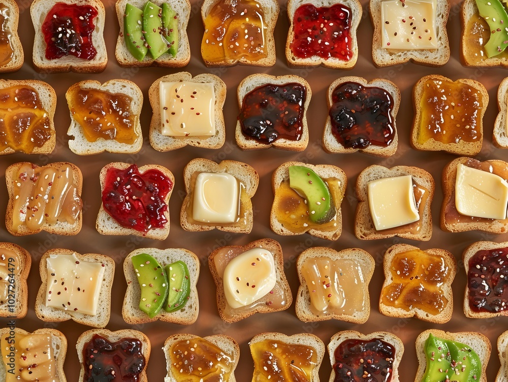 Poster miniature bread slices with vibrant spreads forming a cozy appetizing pattern